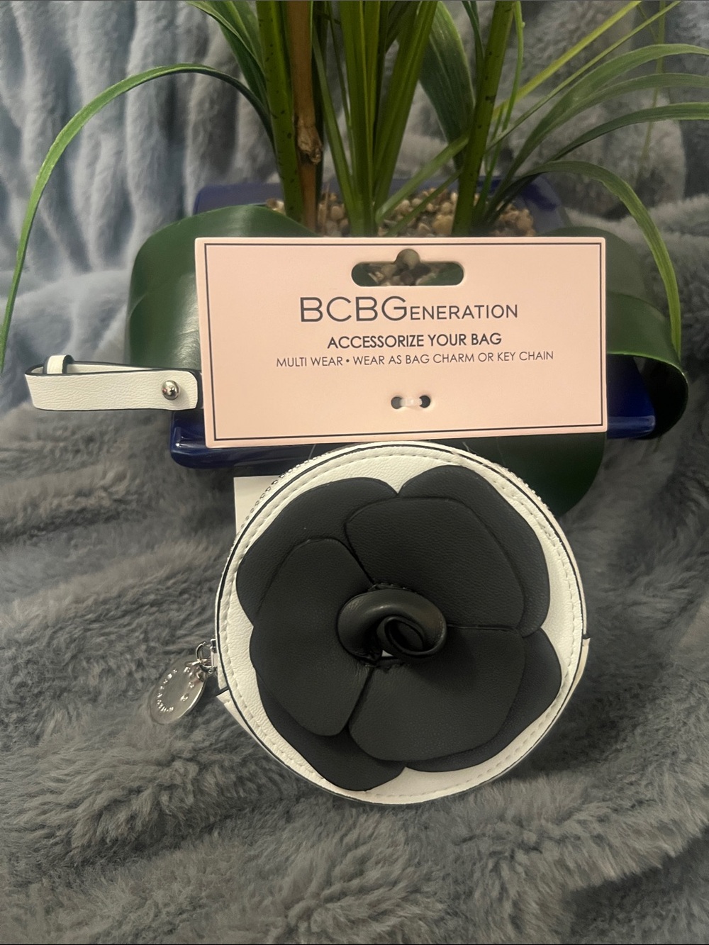 BCBGeneration Black & White Floral Coin Pouch Key Charm NWT